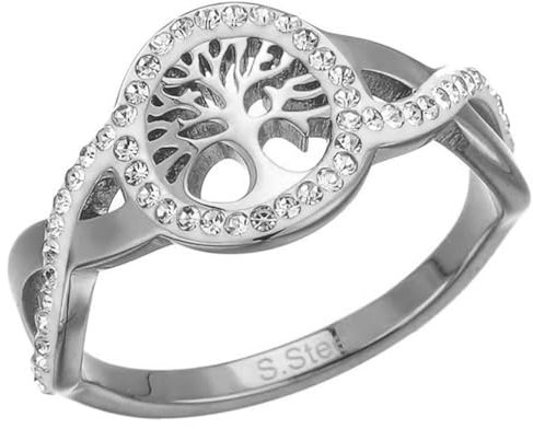 PAURO Femme Acier Inoxydable Bague Ronde Creuse à Zirconium Cubique Très Polie avec Arbre de Vie Argent Taille 52