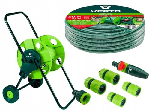 VERTO Schlauchwagen mit Schlauch 1/2 Zoll 20 m + Wasserspritze + 3 x Schlauchverbinder, Wasserstop, Hahnverbinder - Gartenbewässerung Komplettes Starterset | Gartenschlauch UV-beständig max 20 bar