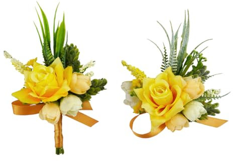 Floinla Gelbe Ansteckblume und Boutonniere Set für Hochzeit, Abschlussball, künstliche Rose Blume Handgelenk Corsage Armbänder, Homecoming Corsage Wristlet, Boutonniere für Männer Hochzeit Anzug