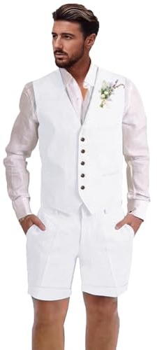 Dsteng Mens Linen Suit 2 Piece Short Suits for Men Casual Summer Beach Wedding Suit Linen Vest Shorts Set, White, S