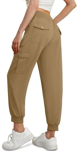 GRECERELLE Pantalon Cargo d'été Jogging Femmes Pantalons Sport Loisirs d'Entraînement avec Taille élastique Poignets Cheville et 6 Poches (Café, XXL)