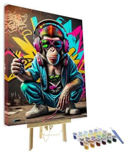 TISHIRON Malen Nach Zahlen Erwachsene, Graffiti Ölgemälde Malen Nach Zahlen Kits, Tiere Malen-Nach-Zahlen DJ Affe Mit Kopfhörer Und Sonnenbrille Malen Nach Zahlen - Mit Rahmen 16 * 20 Zoll