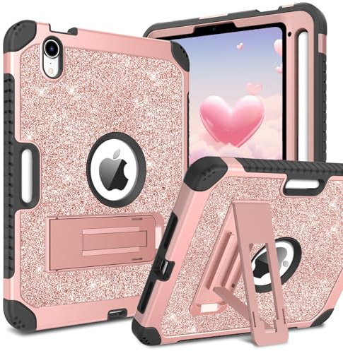 BENTOBEN Heavy Duty Case for iPad Mini 7 A17 Pro 2024, 7th/6th Generation - 3 in 1 Shockproof Rugged Protective Cover With Kickstand for Kids, Girly Glitter Design, Rose Gold