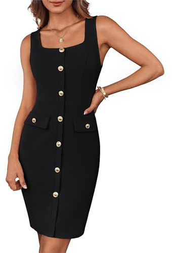 GRACE KARIN Damen Cocktailkleid Viereckiger Ausschnitt Ärmellos Elegantes Wickelkleid Knopfverziert Business Mini Lange Kleider Mit Gürtel Schwarz XXL