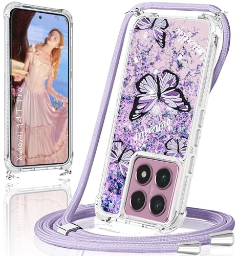 Coque pour Xiaomi 14T Pro avec Cordon,Transparente Violet Crystal Glitter Sequins Liquid [Avec Motif Papillon Violet] Housse,Silicone TUP Antichoc pour Xiaomi 14T Pro avec Corde Collier Réglable Case