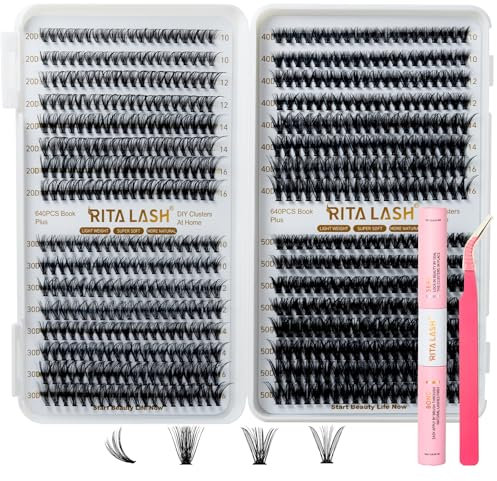 RITALASH Lash Extension Kit DIY 640pcs Lash Clusters Eyelash Extension, 10-16mm Individual Lashes with Lash Bond and Seal, Tweezers for Self Use (20D+30D+40D+50D KIT)