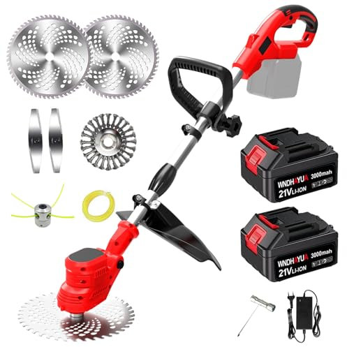 Rasentrimmer mit Akku Freischneider Akku und Unkrautbürste,Motorsense Akku- Inkl. 2X3.0Ah Akku & Ladegerät für Garden Trimmen (ROT)