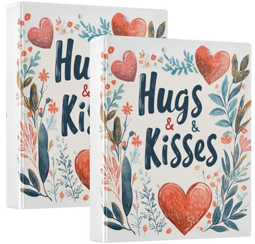 Valentines Day Floral Leaves Eukalyptus Hearts Hugs & Kisses 3,8 cm Ordner mit drei Ringen Ordner mit Tascheneinband 1/2 Stück Ordner Ästhetischer Ordner Hardcover
