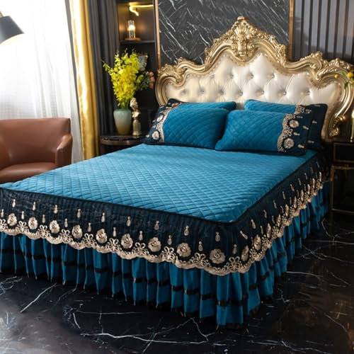 Spannbetttücher, Einfarbig mit gesticktem Lochmuster Polyester Bettrock Blau, für Boxspringbetten | 180x200cm