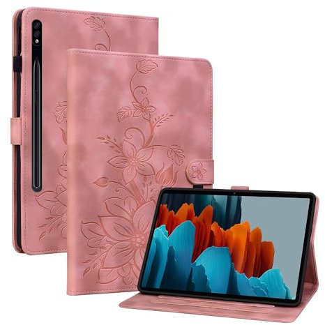 Rosbtib Coque pour Samsung Galaxy Tab S7 2020/S8 2022 11 Pouces, Multi-Angles de Visualisation Housse de Protection en Similicuir avec Porte-Carte Couverture Motif Lys, Rose