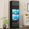 Merax Vitrinenschrank 160cm, Glasvitrine mit LED-Beleuchtung, Schwarz Hochglanz - Moderne Kommode mit viel Stauraum, Bücherschrank Hochschrank Highboard, Schrank für Wohnzimmer Küche Esszimmer Büro