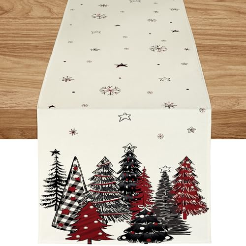 ZWJD Tischläufer Weihnachten 40x140 cm Tischläufer Schwarz-Rot Modern Weihnachtstischläufer Weihnachtsbäumen Schneeflocken Festliche Weihnachtsdeko Tisch für Winter, Feiertage, Esszimmer &Wohnzimmer