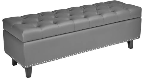VEVOR Button-Tufted Storage Ottoman Bench, PU Leather Bench with Storage and Solid Wood Legs, Modern Shoe Benches Seat for Entryway, Upholstered End of Bed Benches for Living Room, Dining Room, Gray