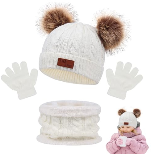 Mineup 3 In 1 Kinder Wintermütze Schal Handschuhe Set, Warm Winte Strickmütze Kinder Mütze, Beanie Hut Schal Handschuhe mit Strickmütze Mütze für Mädchen 1-5 Jahre