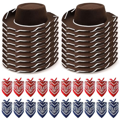 36-teiliges Cowboy Set für Kinder - 18X Braune Cowboyhüte & 18X Bandanas (Rot/Blau) - Western Kostüm Zubehör für Kindergeburtstag, Mottoparty, Fasching & Karneval - Verkleidung für Jungen & Mädchen