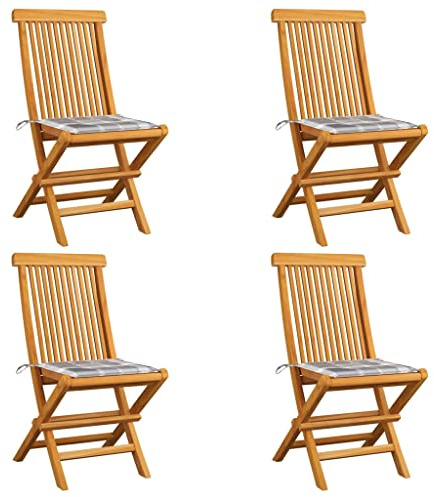 Holamys Teakholz Gartenstühle Klappbar, 4er Set mit Grauen Karomuster-Kissen, Massivholz Outdoor Chair, 47x60x89 cm, Wetterfest, Balkonstuhl