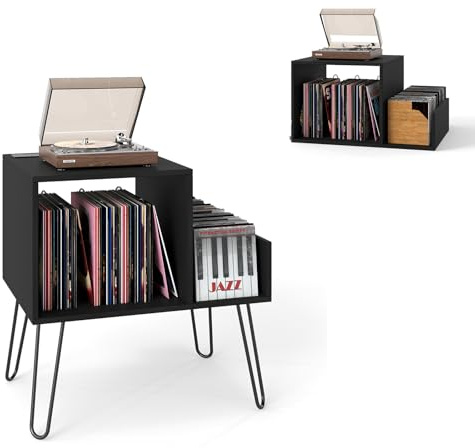 KOMFOTTEU Soporte para Tocadiscos con Estación de Carga, Estantería para Discos de Vinilo con Divisores y Estante Lateral, Mesa Auxiliar para hasta 145 Álbumes, Armario con Patas de Metal (Negro)