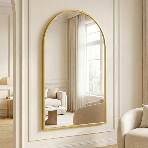 BEAUTYPEAK Arch Wall Mirror with Gold, 120x80 cm Shatterproof Aluminium Alloy Frame Bathroom Mirror, Can be Leaned Against or Hung on the Wall, Standing Mirror for Bedroom, Bathroom and Toilets