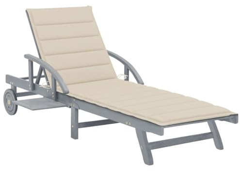 Teenpull Sonnenliege Akazie Massivholz Grau, Verstellbare Relaxliege mit Auflage Beige, Rollen & Ausziehbarer Ablage, 200x68cm Gartenliege für Outdoor, Balkon, Poolbereich