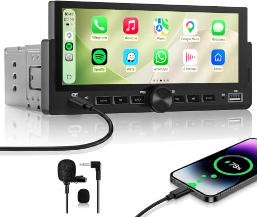 Bluetooth Autoradio 1 DIN, 6,86 CarPlay Voiture & Android Auto sans Fil | Poste Radio Appels Main Libre, Écran Tactile, Navigation GPS, Contrôle Vocal, AUX/FM, MirrorLink, Commandes au Volant, EQ