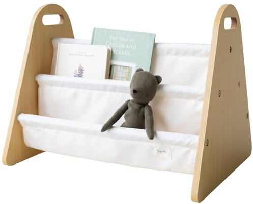 3 Sprouts Doppel-Sided Montessori Bücherregal Kinder - Kippsicher & Stauraum - Bücherregal Kinderzimmer/Kleinkind - Holz Bücherregal für Kinder - Portable Kids Bookshelf/Bücherwagen - Creme