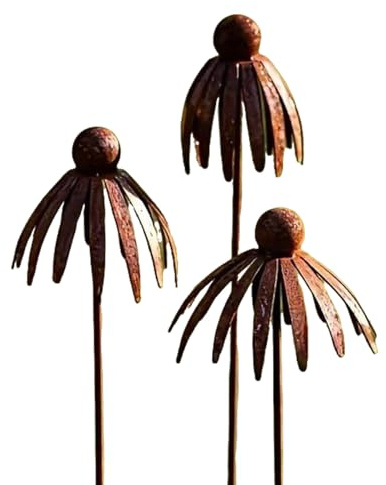 3er Set Gartenstecker, Metall Gartendeko Rost, Cortenstahl Deko Garten, Gartendeko Vintage, Blume Mohn Gartendeko Rost Rankstab Beetstecker Topfstecker Naturrost (C)