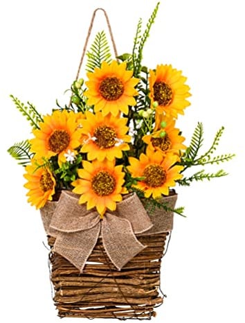 SECFOU Künstlich Sonnenblume Kranz mit Korb aus Seidenblumen Kunststoff | Rustikalen Landhausstil Handgefertigt für Haustür Zaun Fenster Hochzeit Tisch Und Heimdekoration