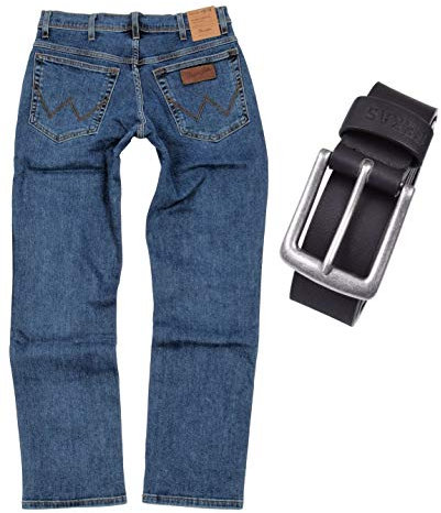 Wrangler Texas Stretch Herren Jeans Regular Fit inkl. Gürtel (W33/L36, Stonewash)