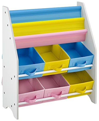 SONGMICS Toy and Book Storage Organiser Shelf Unit with Fabric Containers 3-Tier Book Rack 63 x 26.5 x 74 cm (W x D x H) GKR36WT, Pink/Blue/Yellow