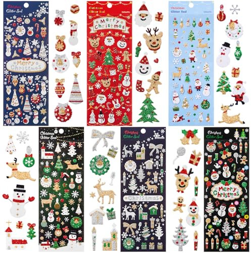 Naler 6 x Weihnachtsstickers Glitzer Weihnachten Stickers für Dekoration Scrapbooking Weihnachts Geschenk Verpackung