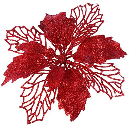 12 Piezas Brillo Artificial Flores de Pascua y Navidad Adornos de Árbol de Navidad (Rojo)