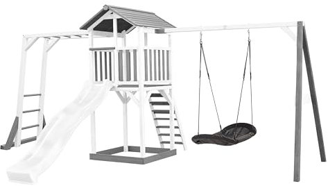 AXI Beach Tower Spielturm aus Holz in Weiß & Grau | Spielhaus für Kinder mit weißer Rutsche, Klettergerüst, Nestschaukel und Sandkasten | Stelzenhaus für den Garten