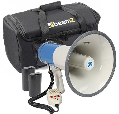 Vonyx MEG065 - Megafon Set mit Tragetasche und Zwei Akkus, 65 Watt lautes Megaphon mit Bluetooth, Akku, Aufnahme-Funktion, Sirene, Mikrofon, MP3 Player, USB, SD, AUX, Umhängegurt, blau-weiß