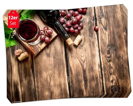 Tischsets | Platzsets - Holztisch mit Wein - 12 Stück in hochwertiger Aufbewahrungsmappe - Die besondere Tischdekoration für alle Weinliebhaber