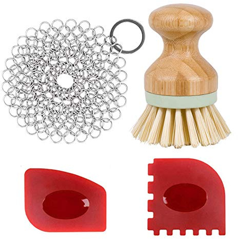 Cast Iron Cleaner kit, Wood Scrub Cleaning Brush, Stainless Steel Chainmail Scrubber, Pan Scrapers, Kitchen Cleaning