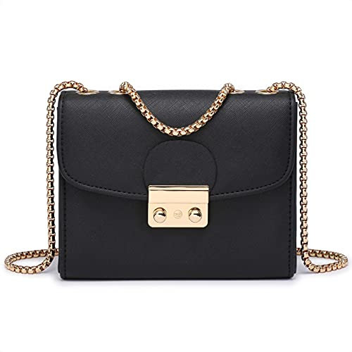 Dasein Push Lock Leichte Crossbody-Tasche aus veganem Leder Schultertasche mit Kettenriemen, schwarz, Medium