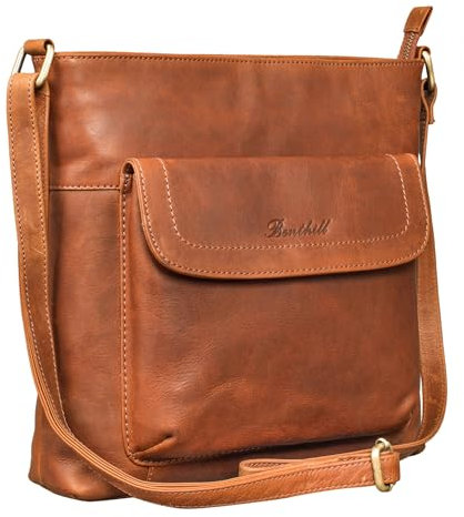 Benthill Shopper Damen Leder - Ledertasche mit Reißverschluss - Umhängetasche aus Echtleder - Handtasche Vintage - Bag Beutel - Schulterbeutel, Farbe:Braun