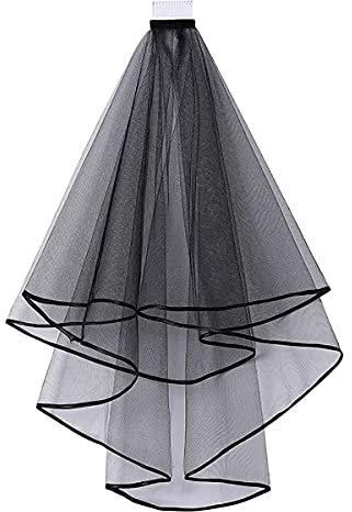 Acenail Schwarzer kurzer Damen-Schleier, 2 Ebenen mit Kamm, Hochzeitsschleier, Tüll, Fingerspitzenlänge, Brautschleier, Schleier, Schleife, Rand, Halloween, Hochzeit, Kopfschmuck für Braut