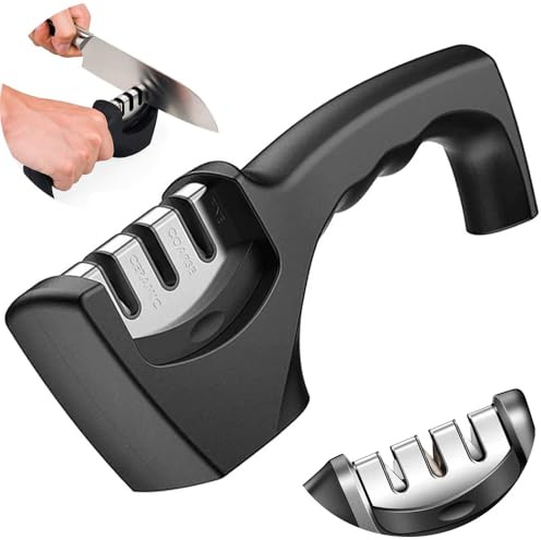 Messerschärfer & Messerschleifer – 3 Stufen Küchenmesser Schärfer für Kochmesser & Keramikmesser – Manuelles Schleifgerät mit Grob- und Feinschliff, Knife Sharpener