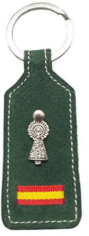 Tiendas LGP - Llavero en Piel, Virgen del Pilar, con detalle de Bandera de España, Anilla Metálica, Verde
