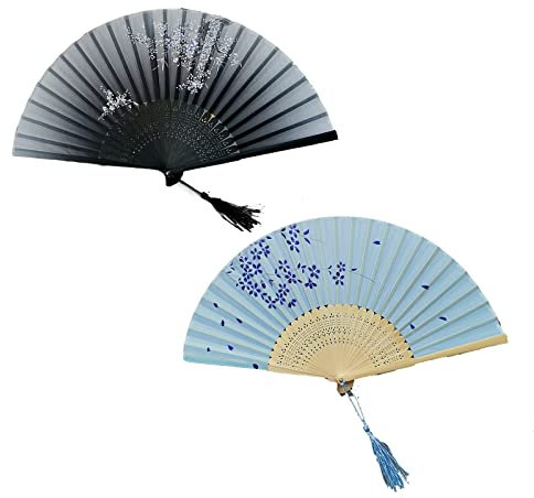 AWOCAN 2 STÜCKE Handfächer Handfaltfächer Seide Vintage Chinesische Stofffächer mit Quaste für Party, Tanz, Heimdekoration, Geschenke, Wanddekoration (A)