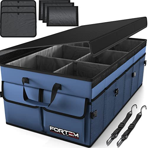 FORTEM Kofferraum Organizer, Kofferraumtasche, Zusammenklappbarer Auto Organizer Kofferraum mit Fächern, Rutschfester Boden, Verstellbare Sicherungsriemen, Klappbarer Deckel (Blau)