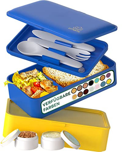 Umami Lunchbox Erwachsene, Auslaufsichere Bento Box mit Fächern und 4 Bestecke, Brotdose Erwachsene, Salatbehälter To-Go, Lunch Box für Picknick/Büro, Blau & Gold, 1200 ml