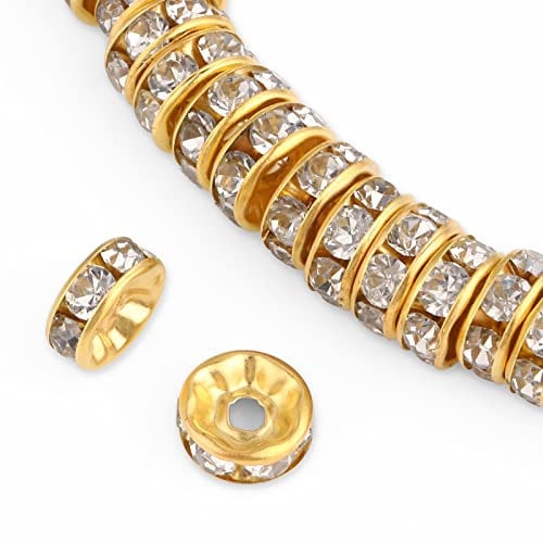 200 Stück Rondelle Spacer Perlen Gold 8mm Strass Metallperlen, Zwischenperlen zum Auffädeln Schmuckperlen Flache Runde Strasssteine Lose Perlen für DIY Armbänder Schmuckherstellung Ohrringe