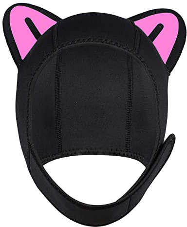 Wetsuit Hood Cat Ears 3mm Neoprene Scuba Diving Hood for Women Children, Scuba Dive Cap Hat Thermal Surfing Hood with Flow Vent for Snorkeling Swimming Water Sports (Black/Pink)