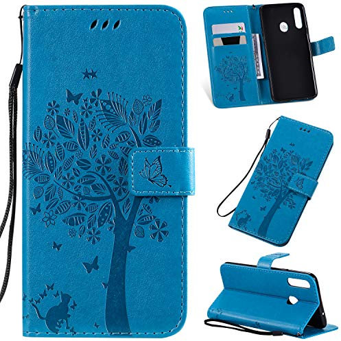Fatcatparadise Kompatibel mit Samsung Galaxy A20S Hülle, Handyhülle Samsung A20S, Prägung Muster Schutzhülle Galaxy A20S PU Leder Wallet Case Klappbar Flip Hülle Brieftasche Ledertasche (Blau)