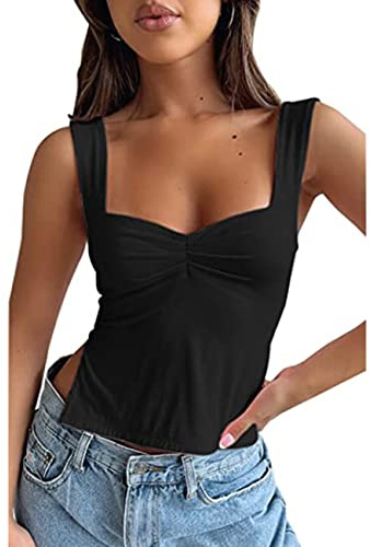 KOEMCY Camiseta Tirantes Mujer Tank Top Camisola Verano Cuello Corazón Elegante sin Mangas Blusa Casual Top Deportivo Ropa Moda Tops Fruncido Algodon