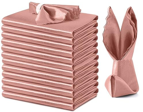 VACVELT Roségoldene Satin-Servietten, elegante gewellte Dinner-Servietten, 43,2 x 43,2 cm, seidiges Satintuch, perfekt für Hochzeit, Bankett, Abschlussfeier, 12 Stück