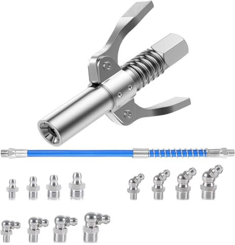 Hsupez Fettpresse Mundstück,Doppelgriff G Coupler für Fettpresse mit 30cm Schlauch und 12 M6 M8 M10 M12 Schmiernippel,Fettpresse Kupplung Fettpresse für Schmiernippel für alle Arten von Fettpressen