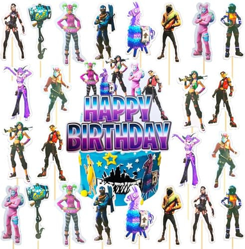 Cake Decorating Kits 25 Pcs Birthday Cake Decoration, Game Theme Cupcake Toppers, Cake Decoration for Video Games, Happy Birthday Cake Decoration